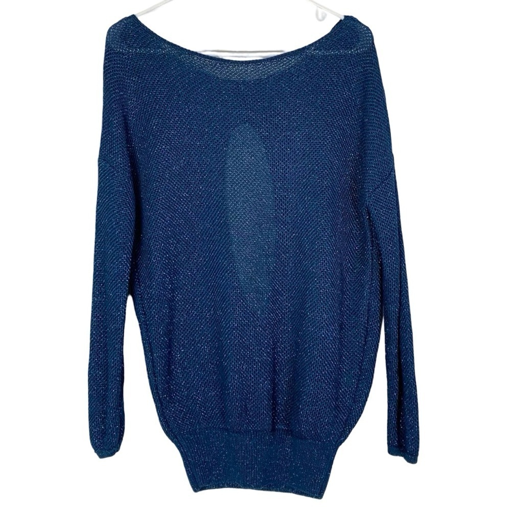 Ruti Linen Sweater Womens Small Blue Shimmer Glitter Open Back Knit Pullover